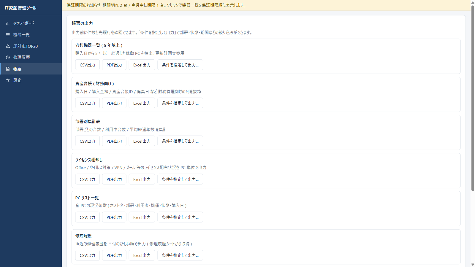 帳票画面。老朽機器一覧・資産台帳・部署別集計などの帳票をCSV・PDF・Excelで出力でき、条件を指定して出力ボタンが並ぶ